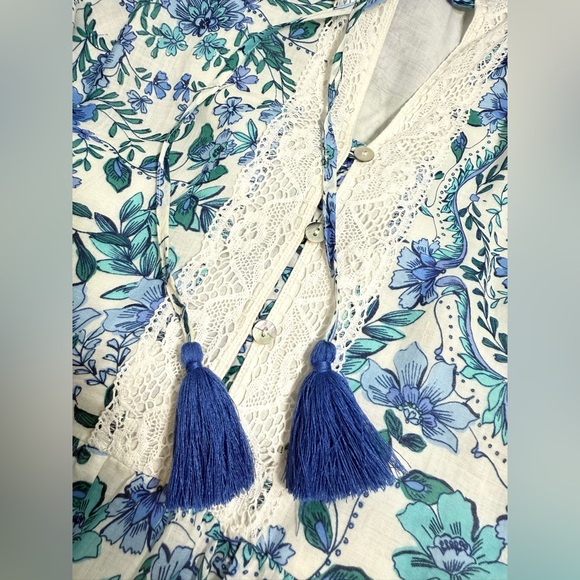 Johnny Was Aster Tiered Midi Dress White Blue Floral XL 100% Linen Boho - Picture 9 of 12